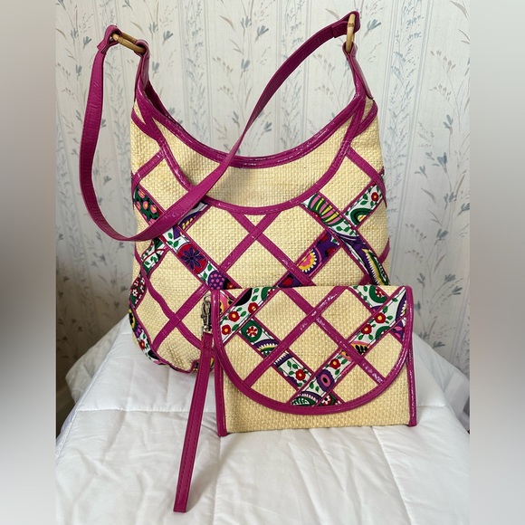 Vera Bradley Handbags - Vera Bradley Pink and Cream Shoulder Bag & Wristlet Set